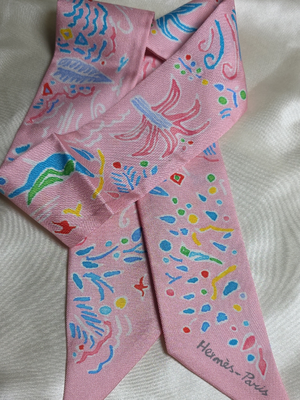 Pink Printed Silk Twilly Scarf
